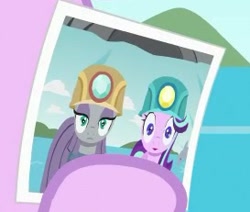 Size: 273x231 | Tagged: safe, screencap, character:maud pie, character:starlight glimmer, species:earth pony, species:pony, species:unicorn, episode:rock solid friendship, g4, my little pony: friendship is magic, cropped, hard hat, hat, helmet, mining helmet, picture