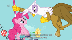 Size: 853x473 | Tagged: safe, screencap, character:gilda, character:pinkie pie, species:earth pony, species:griffon, species:pony, episode:griffon the brush-off, duo, duo female, female, flying, looking at each other, mare, pinkiecopter, youtube caption