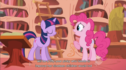 Size: 854x473 | Tagged: safe, screencap, character:pinkie pie, character:twilight sparkle, species:earth pony, species:pony, species:unicorn, episode:griffon the brush-off, duo, duo female, female, golden oaks library, mare, raised hoof, youtube caption