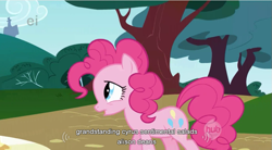 Size: 853x472 | Tagged: safe, screencap, character:pinkie pie, species:earth pony, species:pony, episode:griffon the brush-off, female, hub logo, mare, solo, youtube caption