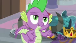 Size: 1920x1080 | Tagged: safe, screencap, character:spike, species:dragon, episode:a matter of principals, g4, my little pony: friendship is magic, amulet, amulet of aurora, clover the clever's cloak, crown, crown of grover, helm of yickslur, helmet, jewelry, regalia, talisman of mirage, winged spike