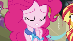 Size: 1329x748 | Tagged: safe, screencap, character:mystery mint, character:pinkie pie, character:sunset shimmer, equestria girls:friendship games, g4, my little pony:equestria girls, bracelet, cropped, jewelry, meme origin, necktie, pinkie pie praying