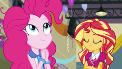 Size: 1920x1080 | Tagged: safe, screencap, character:mystery mint, character:pinkie pie, character:sunset shimmer, equestria girls:friendship games, g4, my little pony:equestria girls, bracelet, jewelry, necktie, pinkie pie praying
