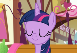 Size: 1361x940 | Tagged: safe, screencap, character:twilight sparkle, character:twilight sparkle (alicorn), species:alicorn, species:pony, episode:yakity-sax, g4, my little pony: friendship is magic, bench, cropped, eyes closed, female, ponyville, relaxed, smiling, solo
