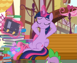 Size: 519x425 | Tagged: safe, screencap, character:spike, character:twilight sparkle, character:twilight sparkle (alicorn), species:alicorn, species:pony, episode:yakity-sax, g4, my little pony: friendship is magic, bench, book, cropped, eyes closed, female, glowing horn, hooves behind head, levitation, magic, ponyville, reclining, sitting, solo focus, telekinesis