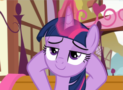 Size: 1287x939 | Tagged: safe, screencap, character:twilight sparkle, character:twilight sparkle (alicorn), species:alicorn, species:pony, episode:yakity-sax, g4, my little pony: friendship is magic, bench, female, glowing horn, lidded eyes, reaction image, reclining, relaxed, smiling, solo