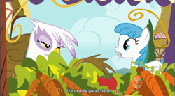 Size: 857x472 | Tagged: safe, screencap, character:gilda, character:white lightning, species:griffon, species:pegasus, species:pony, episode:griffon the brush-off, duo, duo female, ei, female, hub logo, mare, youtube caption