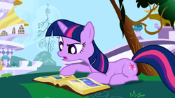 Size: 1280x720 | Tagged: safe, screencap, character:twilight sparkle, character:twilight sparkle (unicorn), species:pony, species:unicorn, episode:friendship is magic, g4, my little pony: friendship is magic, book, book of harmony, female, mare, prone, reading, solo