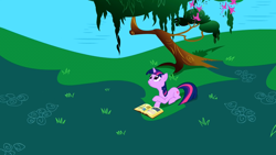 Size: 1280x720 | Tagged: safe, screencap, character:twilight sparkle, character:twilight sparkle (unicorn), species:pony, species:unicorn, episode:friendship is magic, g4, my little pony: friendship is magic, book, book of harmony, female, mare, tree