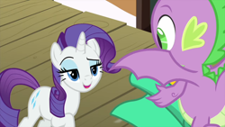 Size: 1280x720 | Tagged: safe, screencap, character:rarity, character:spike, species:dragon, species:pony, episode:rarity's biggest fan, cutie mark, duo, female, lidded eyes, male, mare, raised eyebrow, raised hoof, winged spike