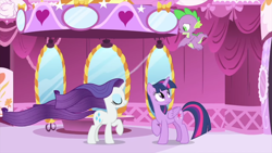 Size: 1920x1080 | Tagged: safe, screencap, character:rarity, character:spike, character:twilight sparkle, character:twilight sparkle (alicorn), species:alicorn, species:dragon, species:pony, species:unicorn, episode:rarity's biggest fan, carousel boutique, female, flowing mane, flying, male, mare, raised hoof, sweat, sweating profusely, trio, windswept mane, winged spike