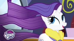 Size: 1280x720 | Tagged: safe, screencap, character:rarity, species:pony, episode:rarity's biggest fan, happy, mane, my little pony logo, solo, windswept mane, youtube thumbnail
