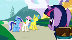 Size: 1280x720 | Tagged: safe, screencap, character:lemon hearts, character:minuette, character:twilight sparkle, character:twilight sparkle (unicorn), character:twinkleshine, species:pony, species:unicorn, episode:friendship is magic, g4, my little pony: friendship is magic, book, book of harmony, eyes closed, female, mare, raised hoof, saddle bag