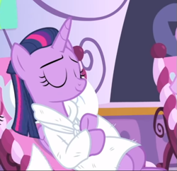 Size: 563x544 | Tagged: safe, screencap, character:twilight sparkle, character:twilight sparkle (alicorn), species:alicorn, species:pony, episode:rarity's biggest fan, alternate hairstyle, bathrobe, clothing, cropped, eyes closed, female, ponyville spa, reclining, relaxing, robe