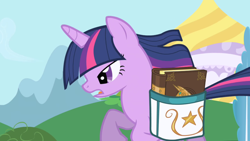 Size: 1280x720 | Tagged: safe, screencap, character:twilight sparkle, character:twilight sparkle (unicorn), species:pony, species:unicorn, episode:friendship is magic, g4, my little pony: friendship is magic, book, book of harmony, female, mare, saddle bag