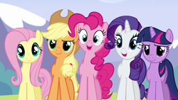 Size: 1280x720 | Tagged: safe, screencap, character:applejack, character:fluttershy, character:pinkie pie, character:rarity, character:twilight sparkle, character:twilight sparkle (unicorn), species:earth pony, species:pegasus, species:pony, species:unicorn, episode:wonderbolts academy, applejack's hat, clothing, cowboy hat, female, happy, hat, mare, mountain, stetson