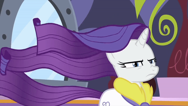 Size: 600x338 | Tagged: safe, screencap, character:rarity, species:pony, species:unicorn, episode:rarity's biggest fan, animated, bathrobe, clothing, eyelashes, female, flowing mane, gif, lidded eyes, mare, open mouth, ponyville spa, robe, smiling, solo, spa, sparkly background, sparkly mane, standing, talking, windswept mane