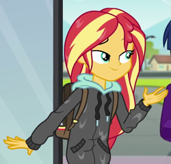 Size: 939x903 | Tagged: safe, screencap, character:sunset shimmer, character:twilight sparkle, character:twilight sparkle (scitwi), species:eqg human, episode:monday blues, eqg summertime shorts, g4, my little pony:equestria girls, clothing, cropped, female, hoodie, wet