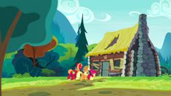 Size: 1440x809 | Tagged: safe, screencap, character:apple bloom, character:applejack, character:big mcintosh, species:earth pony, species:pony, episode:the perfect pear, g4, my little pony: friendship is magic, apple siblings, female, filly, goldie delicious' house, house, log cabin, male, mare, siblings, stallion, trio