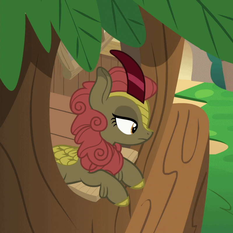 Size: 800x800 | Tagged: safe, screencap, character:maple brown, species:kirin, episode:sounds of silence, g4, my little pony: friendship is magic, a kirin tale, abandon thread, animated, background kirin, bipedal, cropped, eyeroll, female, frown, gif, hoof hold, i'm out, leaning, lidded eyes, looking down, reaction image, solo, tree, treehouse, window