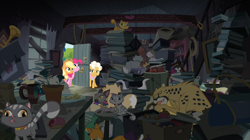 Size: 2880x1609 | Tagged: safe, screencap, character:applejack, character:goldie delicious, character:pinkie pie, species:earth pony, species:pony, episode:pinkie apple pie, g4, my little pony: friendship is magic, animal, blep, book, cat, cheetah, clutter, collar, derp cat, dotty, female, flower pot, goldie delicious' cats, goldie delicious' house, hoarder, mare, musical instrument, siamese cat, silly, tongue out, trumpet