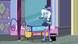 Size: 1920x1080 | Tagged: safe, screencap, character:spike, character:spike (dog), character:trixie, species:dog, episode:street magic with trixie, g4, my little pony:equestria girls, barrette, beautiful, clothing, cute, cylinder, diatrixes, dressing, epaulettes, female, hairclip, hairpin, hat, high heels, jacket, legs, looking at you, magic trick, playing card, shoes, skirt, smiling, socks, solo, standing, stockings, thigh highs, top hat, zettai ryouiki