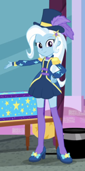 Size: 496x995 | Tagged: safe, screencap, character:trixie, episode:street magic with trixie, g4, my little pony:equestria girls, adorasexy, barrette, beautiful, beautisexy, box, clothing, cropped, cute, diatrixes, dressing, epaulettes, female, hairclip, hairpin, hat, high heels, jacket, legs, looking at you, magic trick, magician outfit, raised eyebrow, sexy, shoes, short dress, smiling, socks, solo, standing, stockings, thigh highs, top hat, zettai ryouiki