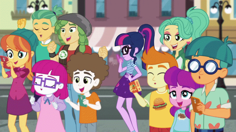 Size: 800x450 | Tagged: safe, screencap, character:lily longsocks, character:sandalwood, character:super funk, character:trixie, character:twilight sparkle, character:twilight sparkle (scitwi), species:eqg human, episode:street magic with trixie, g4, my little pony:equestria girls, animated, barrette, beautiful, bouquet, camera flashes, cellphone, child, clothing, cute, cylinder, deck of cards, diatrixes, doodle bug, dressing, epaulettes, female, gallop j. fry, garden grove, geode of telekinesis, gif, guy grove, hairclip, hairpin, hat, high heels, jacket, juice, juice box, legs, levitation, little red, looking at you, magic, magic trick, magic wand, magical geodes, male, phone, playing card, ponytail, shoes, skirt, smartphone, smiling, socks, standing, stockings, telekinesis, thigh highs, top hat, zettai ryouiki