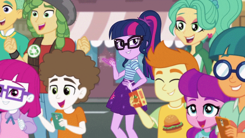 Size: 800x450 | Tagged: safe, screencap, character:lily longsocks, character:sandalwood, character:super funk, character:twilight sparkle, character:twilight sparkle (scitwi), species:eqg human, episode:street magic with trixie, g4, my little pony:equestria girls, animated, background human, doodle bug, female, gallop j. fry, garden grove, gif, guy grove, little red, loop, magic, male, out of context