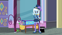 Size: 1920x1080 | Tagged: safe, screencap, character:spike, character:spike (dog), character:trixie, species:dog, episode:street magic with trixie, g4, my little pony:equestria girls, barrette, beautiful, clothing, cute, cylinder, diatrixes, dressing, epaulettes, female, hairclip, hairpin, hat, high heels, jacket, legs, looking at you, magic trick, playing card, shoes, skirt, smiling, socks, solo, standing, stockings, thigh highs, top hat, zettai ryouiki