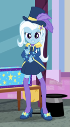 Size: 549x986 | Tagged: safe, screencap, character:trixie, episode:street magic with trixie, g4, my little pony:equestria girls, clothing, cropped, cute, diatrixes, hat, looking at you, smiling, top hat