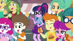Size: 1920x1080 | Tagged: safe, screencap, character:lily longsocks, character:sandalwood, character:super funk, character:twilight sparkle, character:twilight sparkle (scitwi), species:eqg human, episode:street magic with trixie, g4, my little pony:equestria girls, background human, beanie, burger, cellphone, cheering, clothing, doodle bug, female, food, gallop j. fry, garden grove, glasses, grin, guy grove, hand on hip, hat, juice, juice box, legs, lidded eyes, little red, looking at you, magic, male, open mouth, phone, ponytail, shirt, skirt, smartphone, smiling, smirk, smug, smuglight sparkle, street, t-shirt, telekinesis, vest