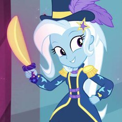 Size: 1077x1078 | Tagged: safe, screencap, character:trixie, episode:street magic with trixie, g4, my little pony:equestria girls, barrette, clothing, costume, cropped, cute, diatrixes, dress, epaulettes, hairclip, hairpin, hat, magic, magic glow, outdoors, smiling, sword, top hat, weapon