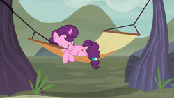 Size: 1280x720 | Tagged: safe, screencap, character:sugar belle, species:pony, species:unicorn, episode:hard to say anything, g4, my little pony: friendship is magic, cute, dawwww, female, hammock, mare, sleeping, solo, sugarbetes, tree