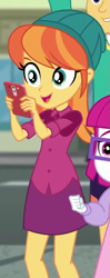 Size: 341x861 | Tagged: safe, screencap, episode:street magic with trixie, g4, my little pony:equestria girls, background human, beanie, cellphone, clothing, cropped, female, guy grove, hat, legs, little red, miniskirt, orange sunrise, phone, skirt, smartphone, smiling