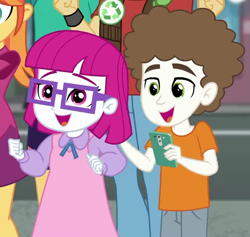 Size: 705x667 | Tagged: safe, screencap, character:sandalwood, character:super funk, episode:street magic with trixie, g4, my little pony:equestria girls, background human, cellphone, clothing, cropped, female, glasses, guy grove, little red, male, orange sunrise, pants, phone, smartphone, smiling