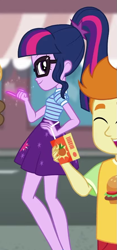 Size: 415x888 | Tagged: safe, screencap, character:twilight sparkle, character:twilight sparkle (scitwi), species:eqg human, episode:street magic with trixie, g4, my little pony:equestria girls, cropped, gallop j. fry, juice, juice box, looking at you, orange juice, pose, smug, smuglight sparkle