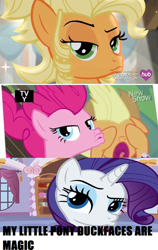 Size: 500x793 | Tagged: safe, screencap, character:applejack, character:pinkie pie, character:rarity, episode:pinkie apple pie, episode:simple ways, episode:suited for success, g4, my little pony: friendship is magic, duckface, silly face, text