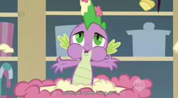 Size: 853x471 | Tagged: safe, screencap, character:spike, species:dragon, episode:griffon the brush-off, cake, food, male, solo, sugarcube corner, youtube caption