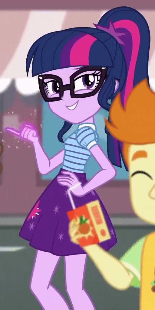 Size: 512x1022 | Tagged: safe, screencap, character:twilight sparkle, character:twilight sparkle (scitwi), species:eqg human, episode:street magic with trixie, g4, my little pony:equestria girls, animated, background human, context is for the weak, cropped, eyes closed, gif, glasses, grin, juice, juice box, lidded eyes, loop, magic, out of context, ponytail, smiling, smirk, smug, smuglight sparkle, solo focus