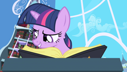 Size: 1280x720 | Tagged: safe, screencap, character:twilight sparkle, character:twilight sparkle (unicorn), species:pony, species:unicorn, episode:friendship is magic, g4, my little pony: friendship is magic, book, bookshelf, implied elements of harmony, solo, twilight's canterlot home, window
