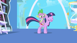 Size: 1280x720 | Tagged: safe, screencap, character:spike, character:twilight sparkle, character:twilight sparkle (unicorn), species:dragon, species:pony, species:unicorn, episode:friendship is magic, g4, my little pony: friendship is magic, bookshelf, hourglass, ladder, quill, scroll, twilight's canterlot home, window