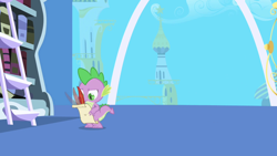 Size: 1280x720 | Tagged: safe, screencap, character:spike, species:dragon, episode:friendship is magic, g4, my little pony: friendship is magic, bookshelf, feather, ladder, letter, male, paper, parchment, quill, twilight's canterlot home, window
