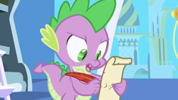 Size: 1280x720 | Tagged: safe, screencap, character:spike, species:dragon, episode:friendship is magic, g4, my little pony: friendship is magic, feather, ladder, letter, male, paper, parchment, quill, solo, twilight's canterlot home, window