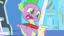 Size: 1280x720 | Tagged: safe, screencap, character:spike, species:dragon, episode:friendship is magic, g4, my little pony: friendship is magic, faec, feather, ladder, paper, parchment, quill, scroll, solo, spelling, twilight's canterlot home, unsure, window