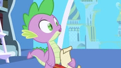Size: 1280x720 | Tagged: safe, screencap, character:spike, species:dragon, episode:friendship is magic, g4, my little pony: friendship is magic, bookshelf, feather, ladder, letter, male, paper, parchment, quill, solo, twilight's canterlot home, window