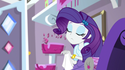 Size: 1912x1072 | Tagged: safe, screencap, character:rarity, equestria girls:dance magic, g4, my little pony:equestria girls, cat tree, couch, handkerchief, tissue