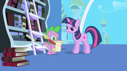 Size: 1280x720 | Tagged: safe, screencap, character:spike, character:twilight sparkle, character:twilight sparkle (unicorn), species:dragon, species:pony, species:unicorn, episode:friendship is magic, g4, my little pony: friendship is magic, annoyed, book, bookshelf, canterlot, drake, feather, female, grumpy, grumpy twilight, hooves, ladder, letter, male, mare, paper, parchment, quill, twilight's canterlot home, window, writing