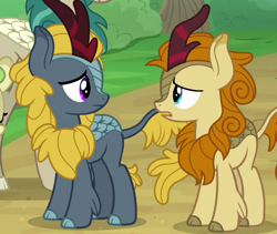 Size: 640x540 | Tagged: safe, screencap, character:autumn afternoon, character:rain shine, character:winter flame, species:kirin, episode:sounds of silence, g4, my little pony: friendship is magic, background kirin, cropped, duo, frown, lidded eyes, looking at each other, open mouth
