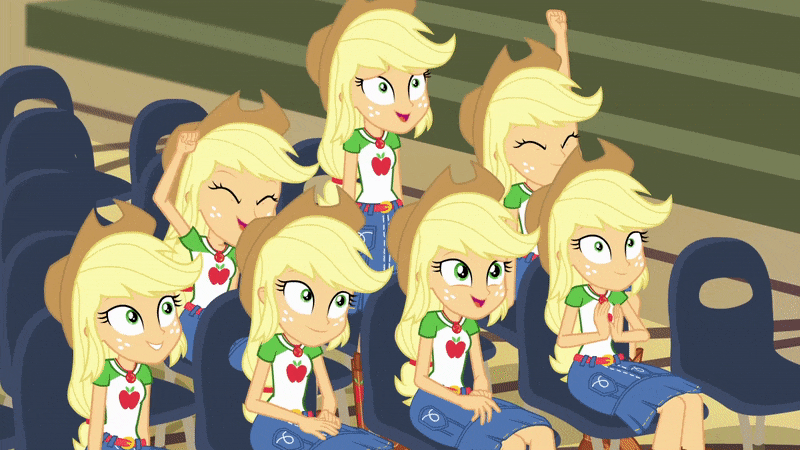 Size: 800x450 | Tagged: safe, screencap, character:applejack, episode:fluttershy's butterflies, g4, my little pony:equestria girls, animated, applejack audience, applejack's hat, belt, clones, clothing, cowboy hat, denim skirt, fluttershy's butterflies: applejack, freckles, geode of super strength, gif, group, hat, human paradox, imagine spot, jackletree, magical geodes, multeity, skirt, stetson